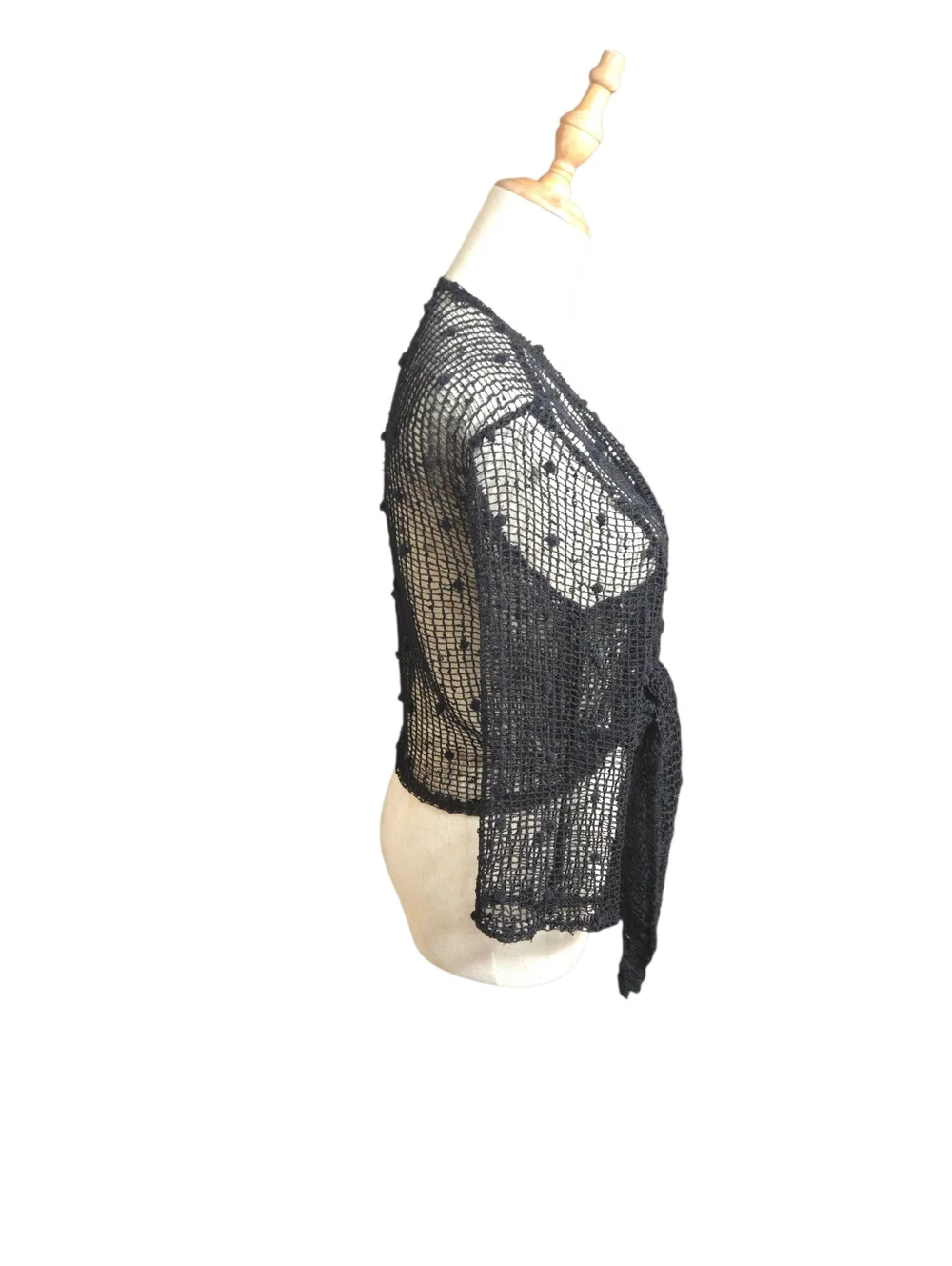 Black Crochet Open Knit Sequin Tie-Front Sweater Shrug